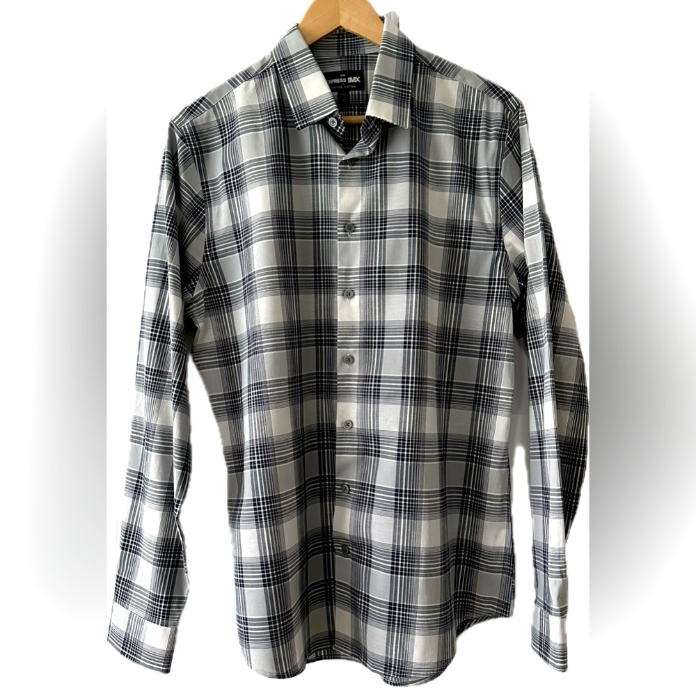 Express 1MX - Men's Black and White Plaid Stretch Cotton Button-Up Dress Shirt